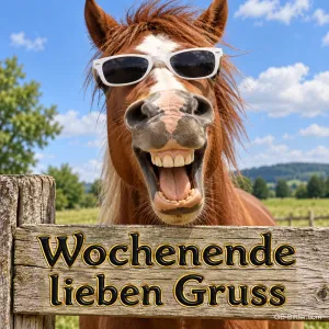 Lachendes Pferd mit Sonnenbrille, Text: Wochenende lieben Gruss