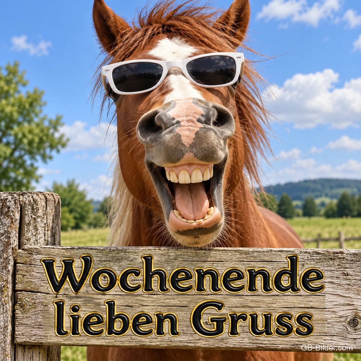 Lachendes Pferd mit Sonnenbrille, Text: Wochenende lieben Gruss