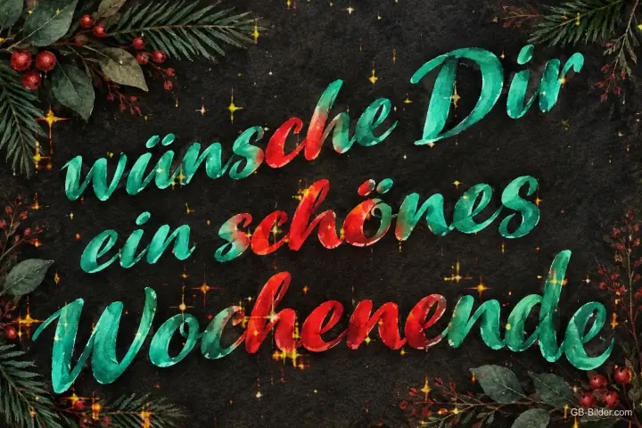 Tannenzweige mit roten Beeren, Text: Wünsche dir ein schönes Wochenende