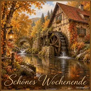 Alte Wassermühle im Herbstwald, Text: Schönes Wochenende
