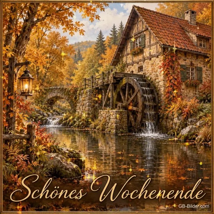 Alte Wassermühle im Herbstwald, Text: Schönes Wochenende