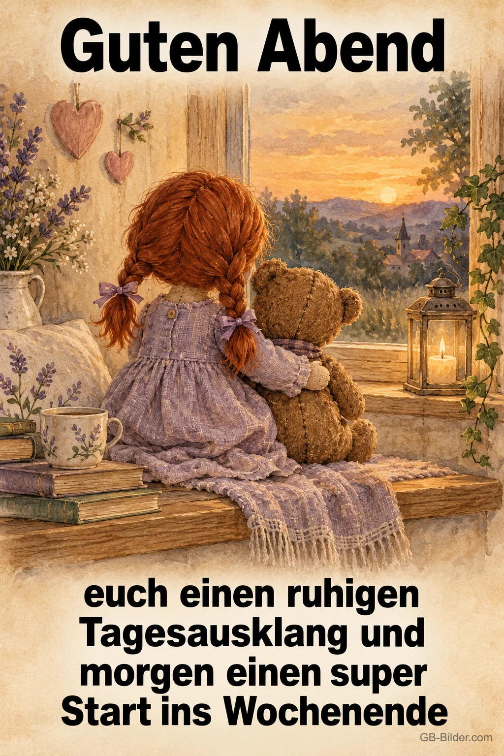 Mädchen mit Teddy am Fenster, Text: Guten Abend