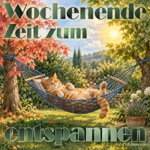 Kater in einer Hängematte im Garten, Text: Wochenende – Zeit zum entspannen