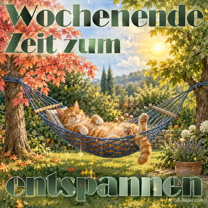 Kater in einer Hängematte im Garten, Text: Wochenende – Zeit zum entspannen