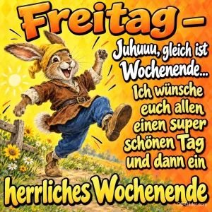 Hase mit Mütze und Latzhose springt fröhlich, Text: Freitag – Juhuuu, gleich ist Wochenende... Ich wünsche euch allen einen super schönen Tag und dann ein herrliches Wochenende