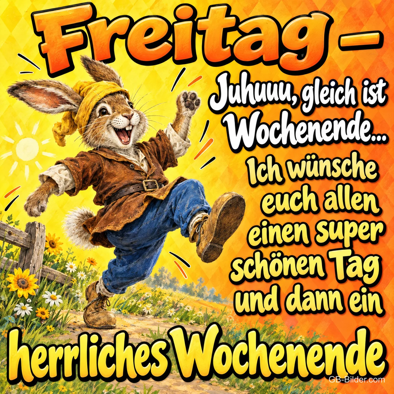 Hase mit Mütze und Latzhose springt fröhlich, Text: Freitag – Juhuuu, gleich ist Wochenende... Ich wünsche euch allen einen super schönen Tag und dann ein herrliches Wochenende