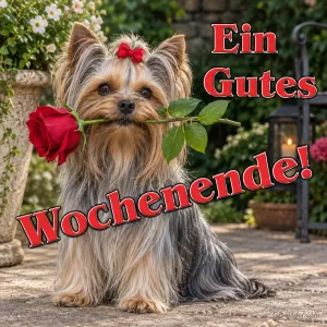 Yorkshire Terrier mit roter Rose, Text: Ein gutes Wochenende!