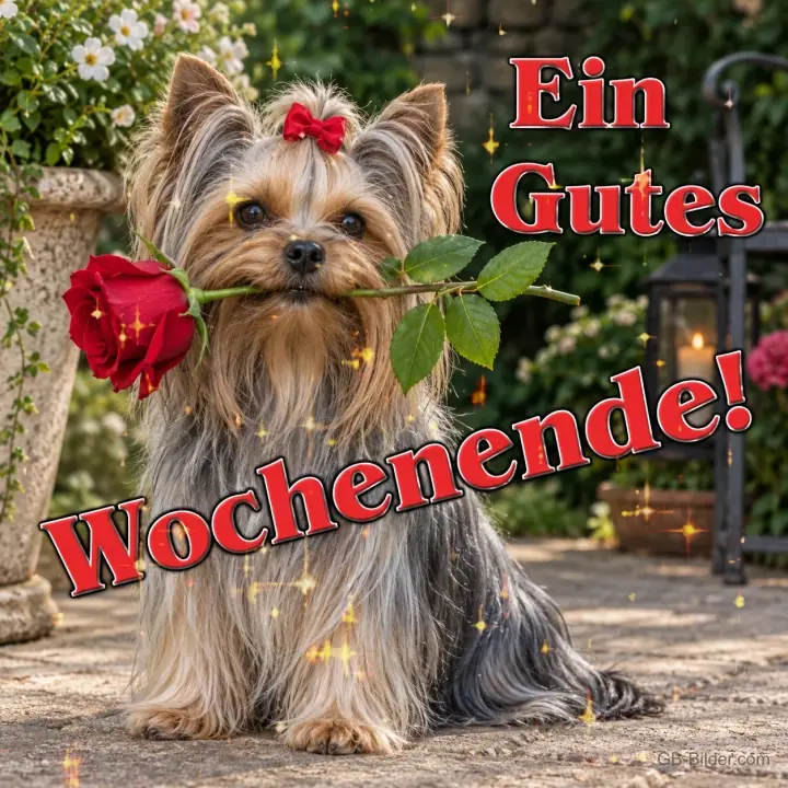 Yorkshire Terrier mit roter Rose, Text: Ein gutes Wochenende!