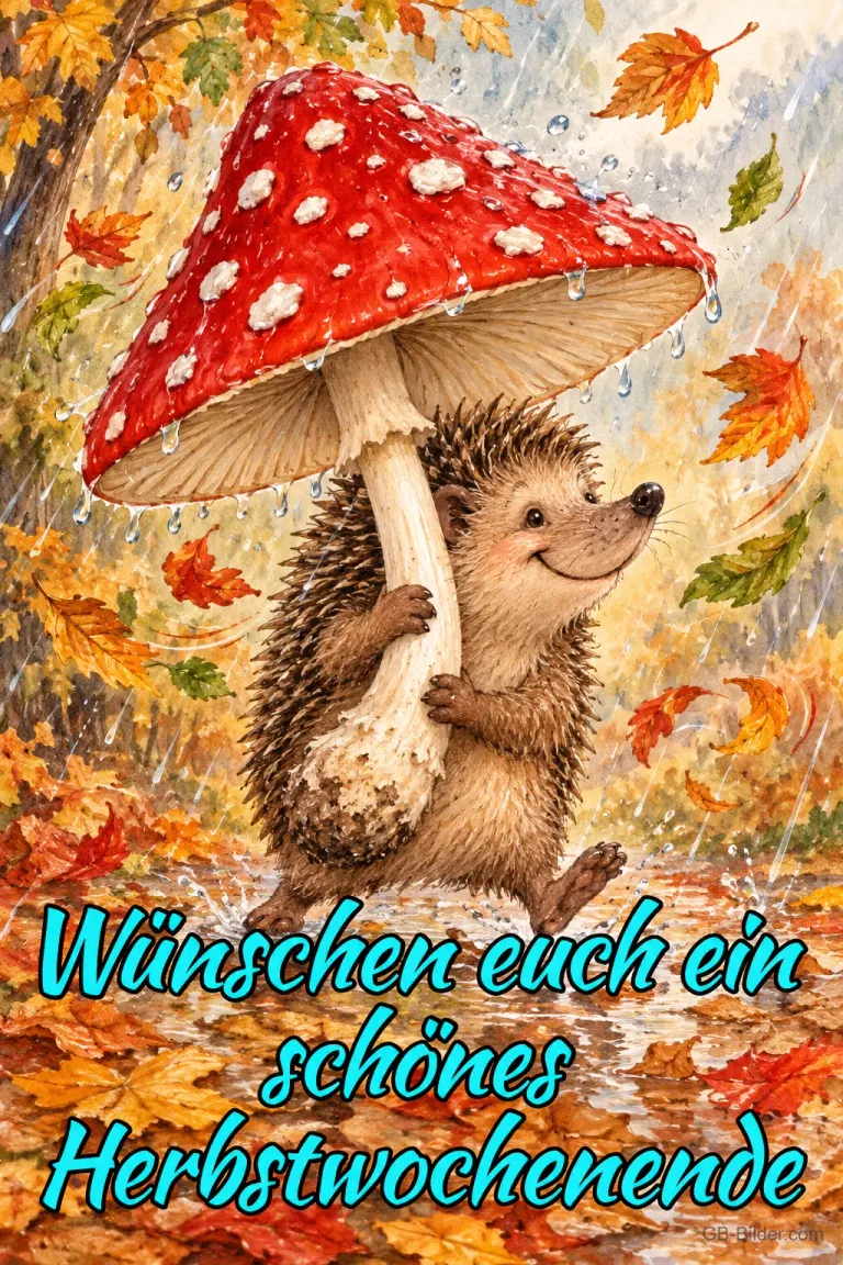 Igel hält einen Fliegenpilz als Schirm im herbstlichen Regen, Text: Wünschen euch ein schönes Herbstwochenende