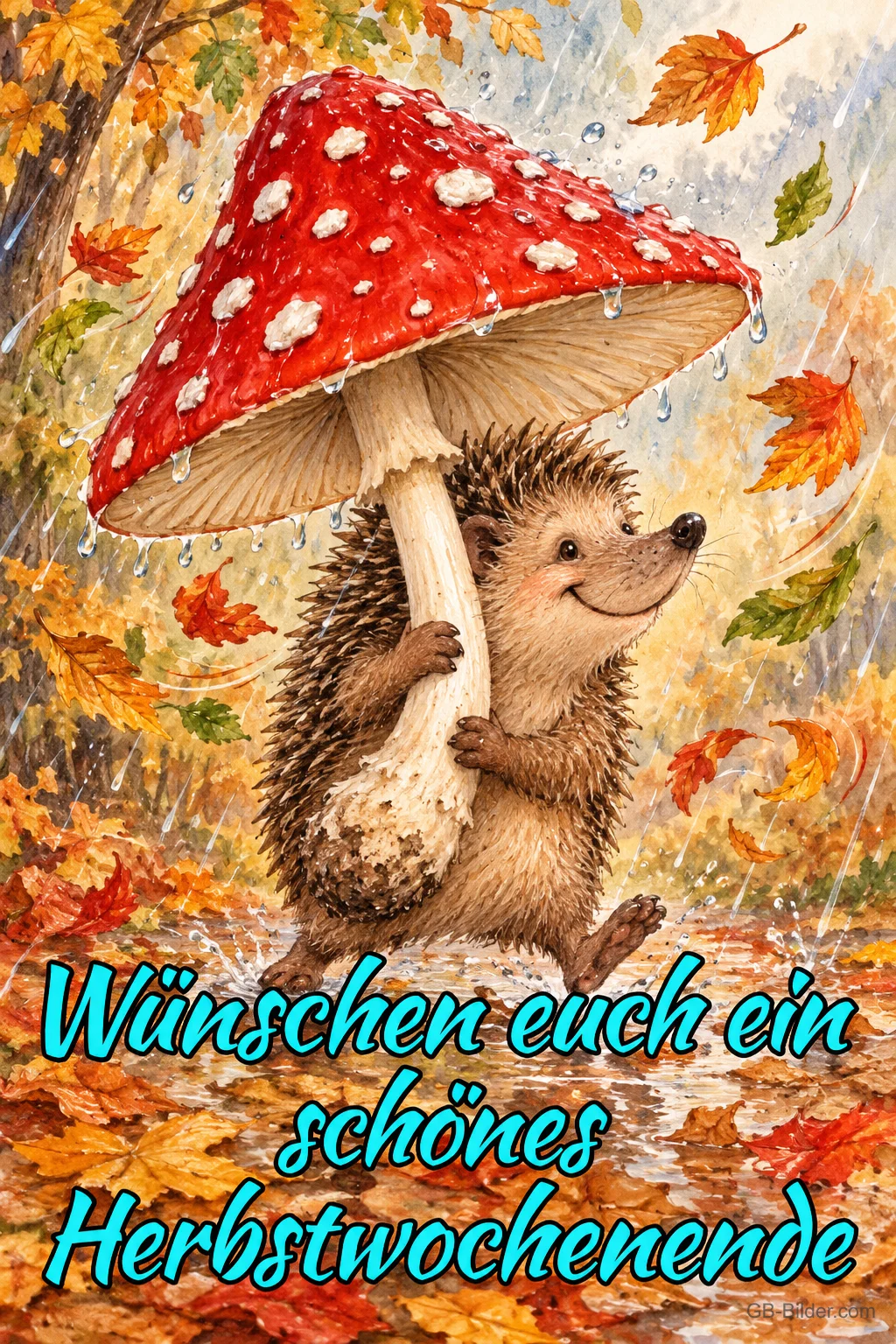 Igel hält einen Fliegenpilz als Schirm im herbstlichen Regen, Text: Wünschen euch ein schönes Herbstwochenende