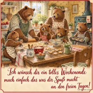 Bärenfamilie backt Plätzchen in der Küche, Text: Ich wünsch dir ein tolles Wochenende