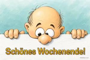 Glatzköpfiges Männchen mit großer Nase schaut über eine Mauer, Text: Schönes Wochenende!