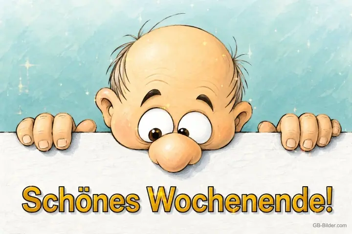 Glatzköpfiges Männchen mit großer Nase schaut über eine Mauer, Text: Schönes Wochenende!