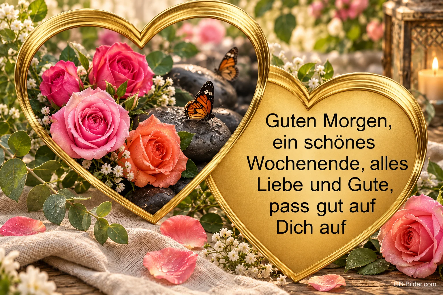 Rosen im Herzrahmen, Text: Guten Morgen, ein schönes Wochenende, alles Liebe und Gute, pass gut a