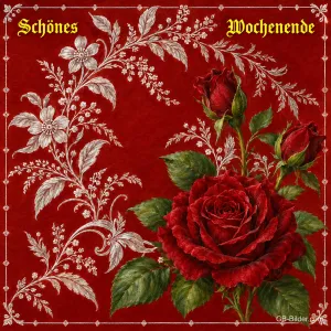 Rote Rosen mit silbernen Ranken, Text: Schönes Wochenende