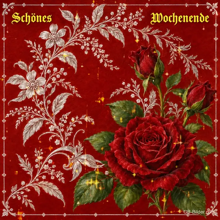 Rote Rosen mit silbernen Ranken, Text: Schönes Wochenende