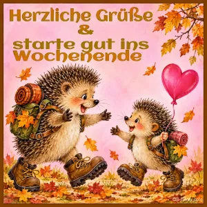 Zwei Igel mit Rucksäcken und Wanderschuhen, einer hält einen Herzballon, Text: Herzliche Grüße & starte gut ins Wochenende