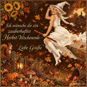 Blonde Hexe im weißen Kleid fliegt auf dem Besen über Herbstlaub, Pilze und Kürbis, Text: Ich wünsche dir ein zauberhaftes Herbst-Wochenende – Liebe Grüße