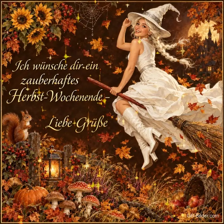 Blonde Hexe im weißen Kleid fliegt auf dem Besen über Herbstlaub, Pilze und Kürbis, Text: Ich wünsche dir ein zauberhaftes Herbst-Wochenende – Liebe Grüße