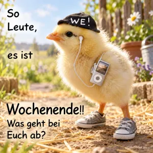 Cooles Küken mit Kopfhörern, Text: So Leute, es ist Wochenende