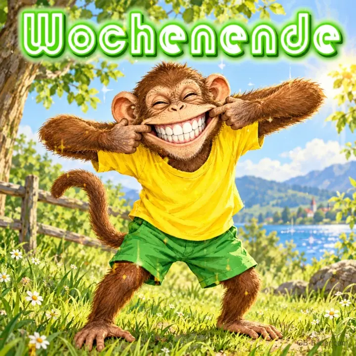 Affe im gelben Shirt zieht mit den Fingern ein breites Grinsen auf einer Wiese am See, Text: Wochenende