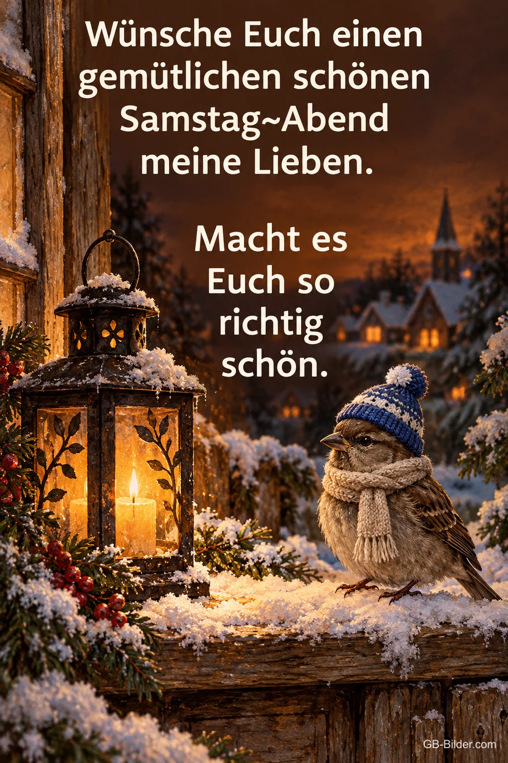Spatz mit Mütze neben Laterne, Text: Wünsche Euch einen gemütlichen schönen Samstag-Abend meine Lieben