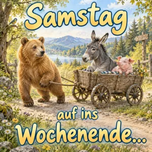 Bär zieht einen Holzwagen mit Esel und Ferkel, Text: Samstag – auf ins Wochenende