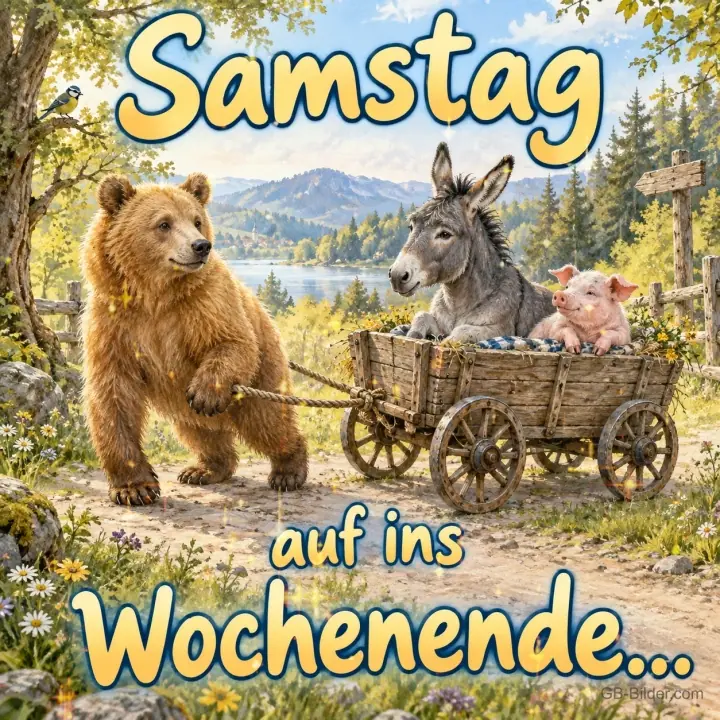 Bär zieht einen Holzwagen mit Esel und Ferkel, Text: Samstag – auf ins Wochenende