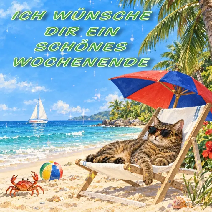 Katze mit Sonnenbrille im Liegestuhl am Strand, Text: Ich wünsche dir ein schönes Wochenende