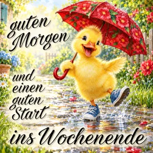 Entenküken mit rotem Blumenschirm springt durch Pfützen, Text: guten Morgen und einen guten Start ins Wochenende
