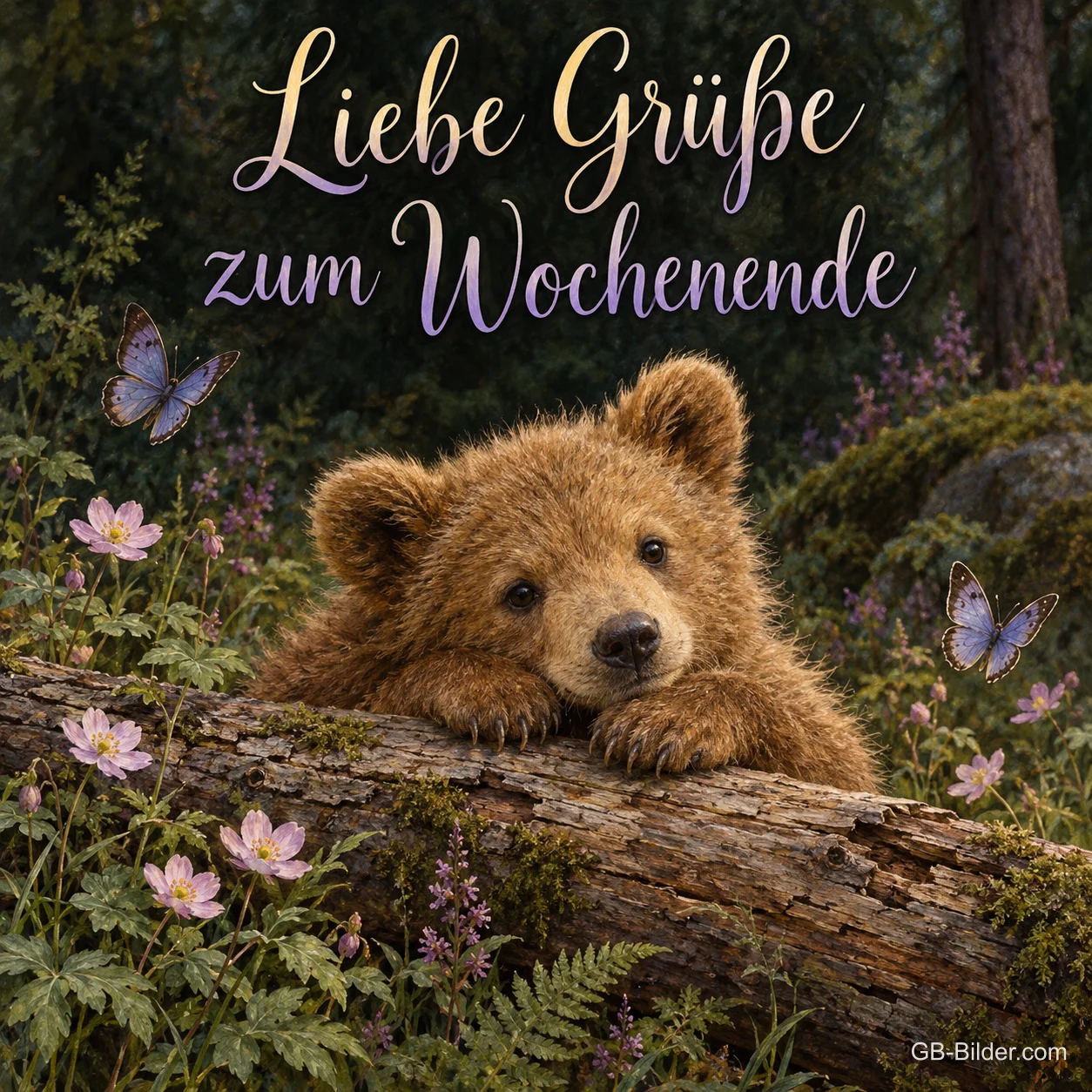 Bärenjunges am Baumstamm, Text: Liebe Grüße zum Wochenende