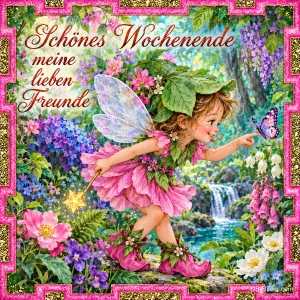 Kleine Elfe mit Blütenhut und Flügeln zeigt auf einen Schmetterling im Blumengarten, Text: Schönes Wochenende meine lieben Freunde