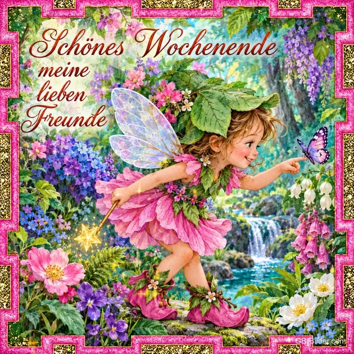 Kleine Elfe mit Blütenhut und Flügeln zeigt auf einen Schmetterling im Blumengarten, Text: Schönes Wochenende meine lieben Freunde