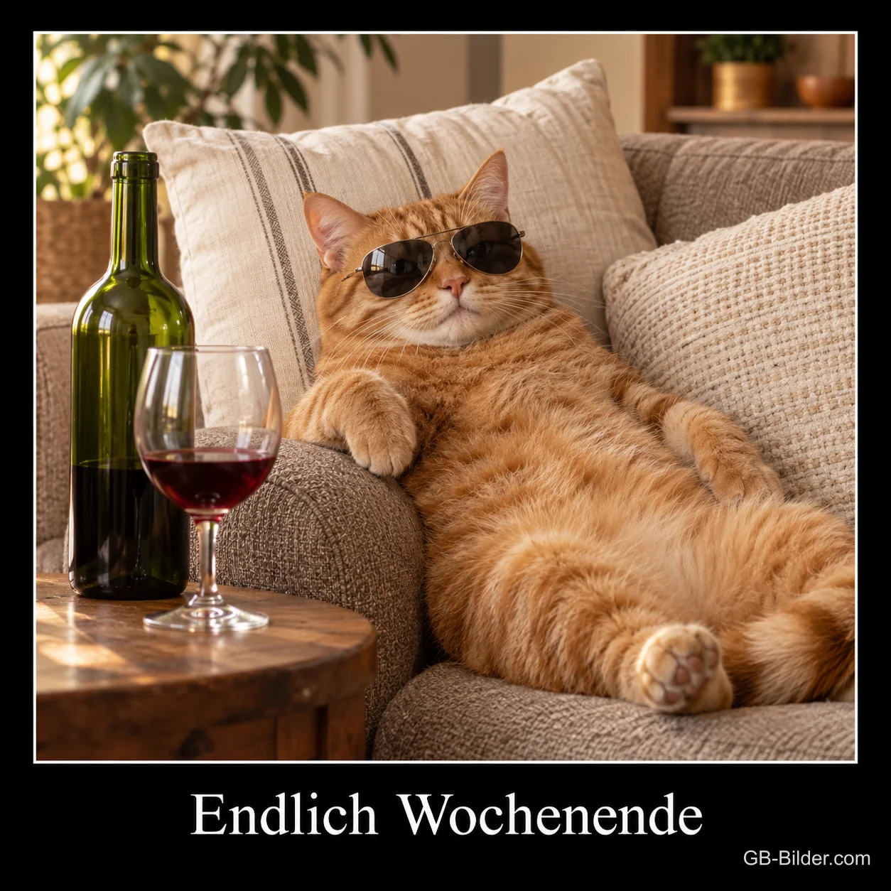 Katze mit Sonnenbrille, Text: Endlich Wochenende