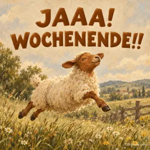Fröhlich springendes Lamm auf der Wiese, Text: JAAA! WOCHENENDE!!