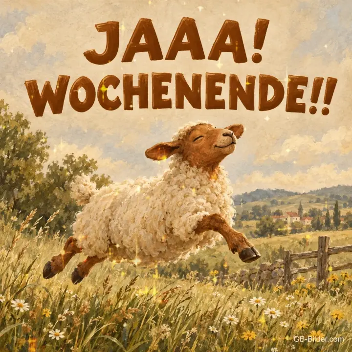Fröhlich springendes Lamm auf der Wiese, Text: JAAA! WOCHENENDE!!