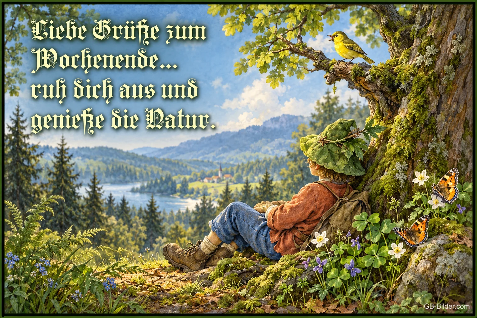 Dösender Wanderer unter dem Baum, Text: Liebe Grüße zum Wochenende