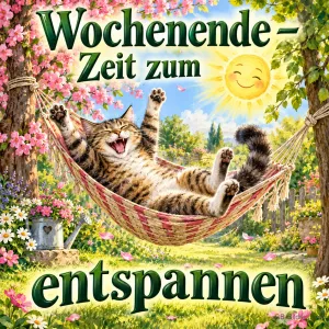 Getigerte Katze liegt lachend in einer Hängematte unter blühenden Bäumen, lachende Sonne, Text: Wochenende – Zeit zum entspannen