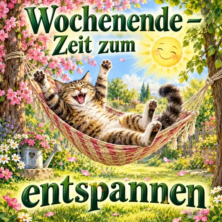 Getigerte Katze liegt lachend in einer Hängematte unter blühenden Bäumen, lachende Sonne, Text: Wochenende – Zeit zum entspannen