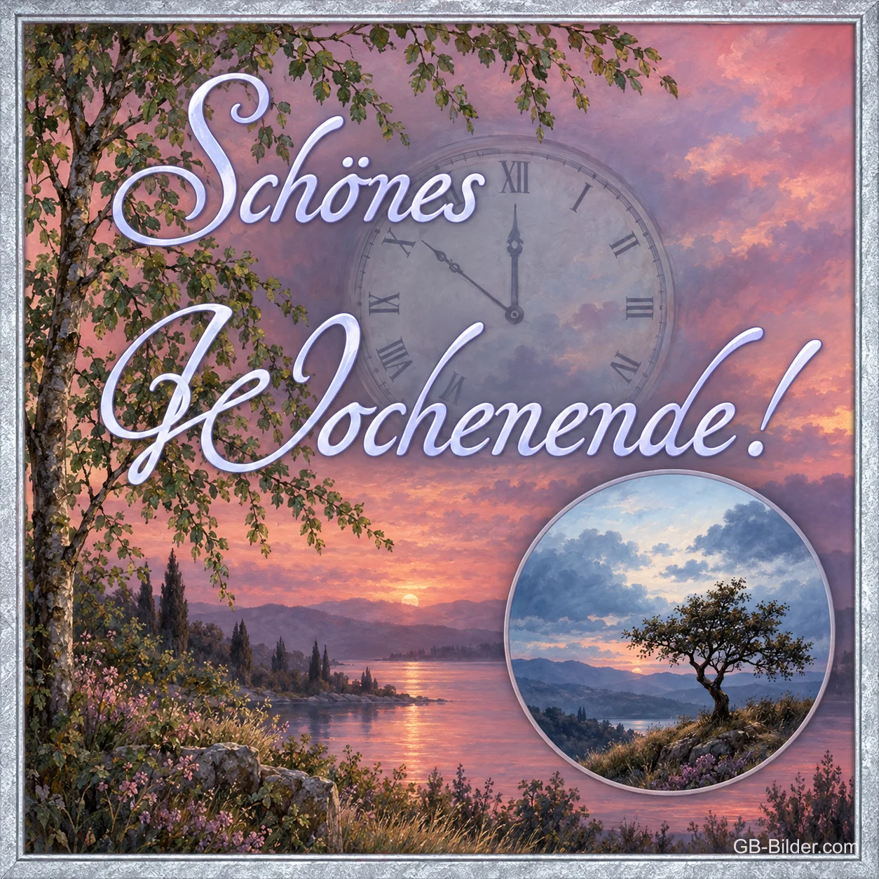 Uhr über dem See, Text: Schönes Wochenende
