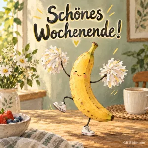 Tanzende Banane mit Pompons, Text: Schönes Wochenende!