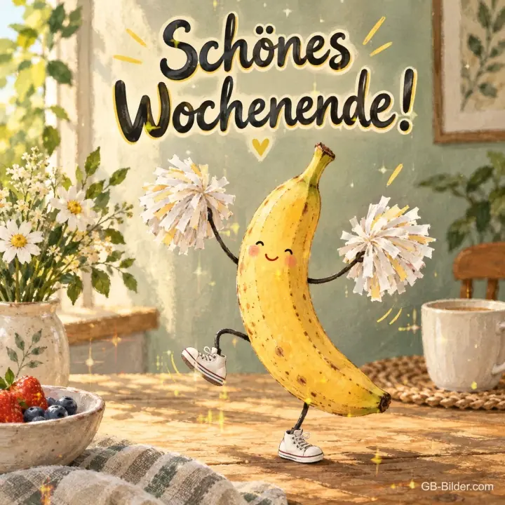 Tanzende Banane mit Pompons, Text: Schönes Wochenende!
