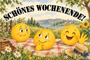 Drei Smileys auf einer Picknickdecke, Text: Schönes Wochenende!
