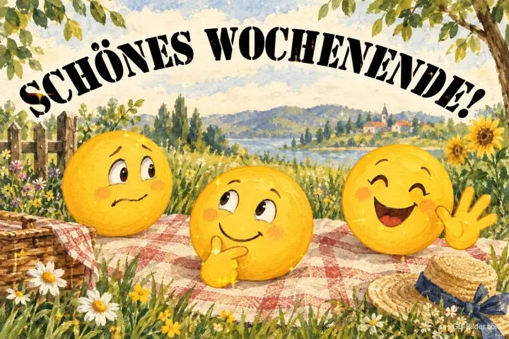 Drei Smileys auf einer Picknickdecke, Text: Schönes Wochenende!