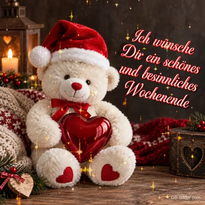 Teddybär mit Weihnachtsmütze und Glasherz, Text: Ich wünsche Dir ein schönes und besinnliches Wochenende.