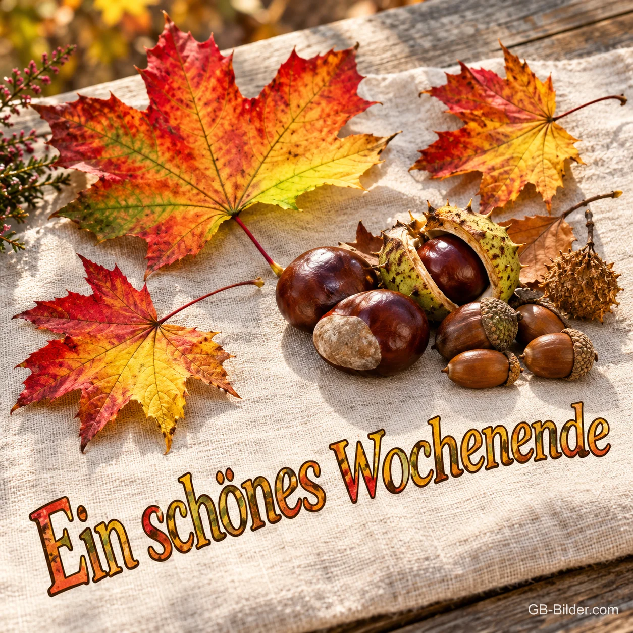 Herbstlaub mit Kastanien, Text: Ein schönes Wochenende