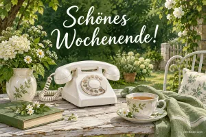 Altes Telefon und Teetasse im Garten, Text: Schönes Wochenende!