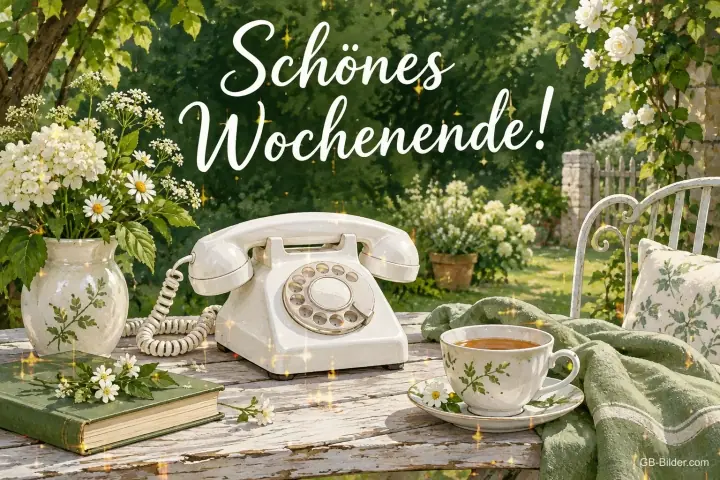 Altes Telefon und Teetasse im Garten, Text: Schönes Wochenende!
