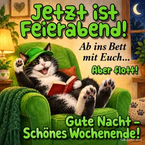 Katze mit grünem Hut liest im Sessel und winkt, Text: Jetzt ist Feierabend! Ab ins Bett mit Euch... Aber flott! Gute Nacht – Schönes Wochenende!