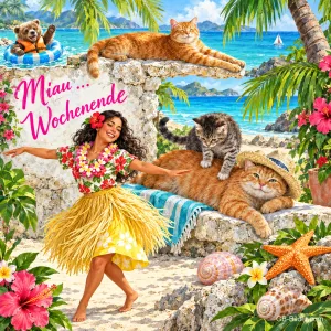 Hula-Tänzerin tanzt am Strand, Katzen liegen auf einer Mauer, Bär im Schwimmring, Text: Miau ... Wochenende